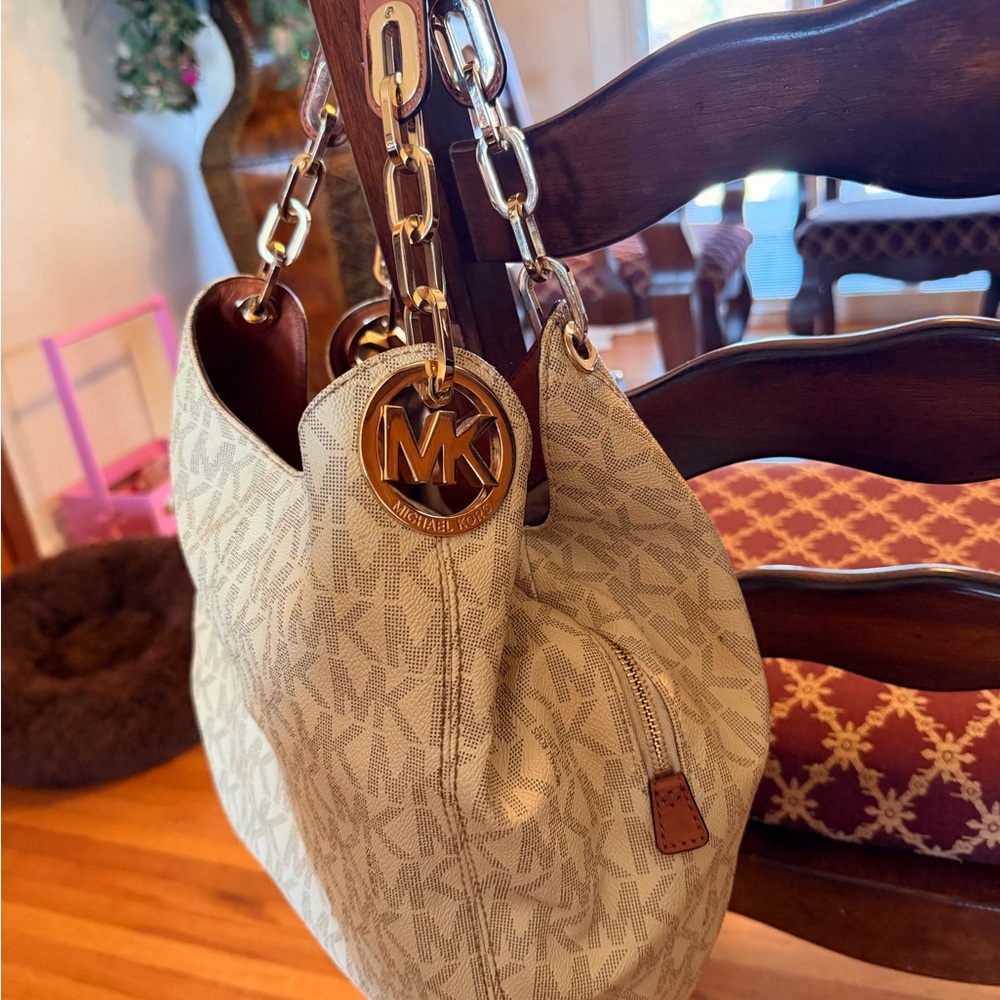 Michael Kors Cream Monogram Shoulder Bag with Gold Hardware